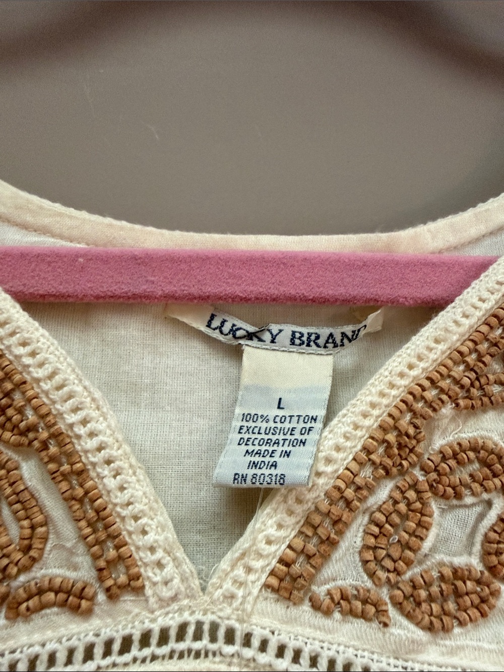 Lucky Brand Ivory Tunic with Brown Embroidered Yoke Sz L Lined cotton NWT